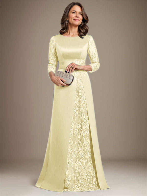 Vestido de madre de la novia de satén con encaje, corte A, largo hasta el suelo y apliques