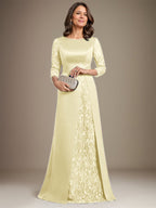 Vestido de madre de la novia de satén con encaje, corte A, largo hasta el suelo y apliques
