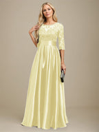 Vestido de madre de la novia de satén elástico con encaje, corte A, escote ilusión, largo hasta el suelo, con lazo y lentejuelas