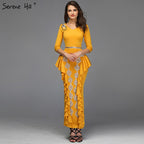 Vestidos de noche amarillos de corte sirena con escote en V, sexys, con volantes y lentejuelas, hasta los tobillos, diseño QA8037 