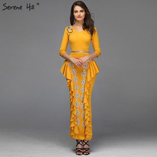 Yellow V-Neck Mermaid Sexy Evening Dresses 2025 Ruffles Sequined Ankle-Lenght Evening Gowns Design QA8037