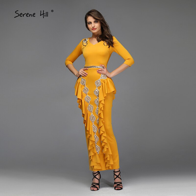 Vestidos de noche amarillos de corte sirena con escote en V, sexys, con volantes y lentejuelas, hasta los tobillos, diseño QA8037 