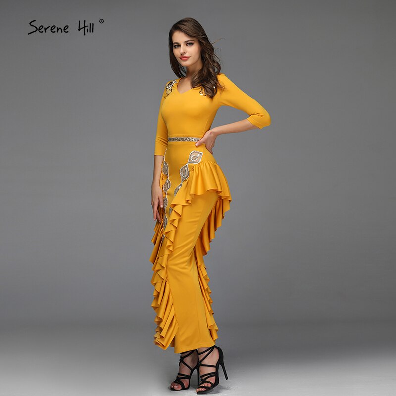 Yellow V-Neck Mermaid Sexy Evening Dresses 2025 Ruffles Sequined Ankle-Lenght Evening Gowns Design QA8037