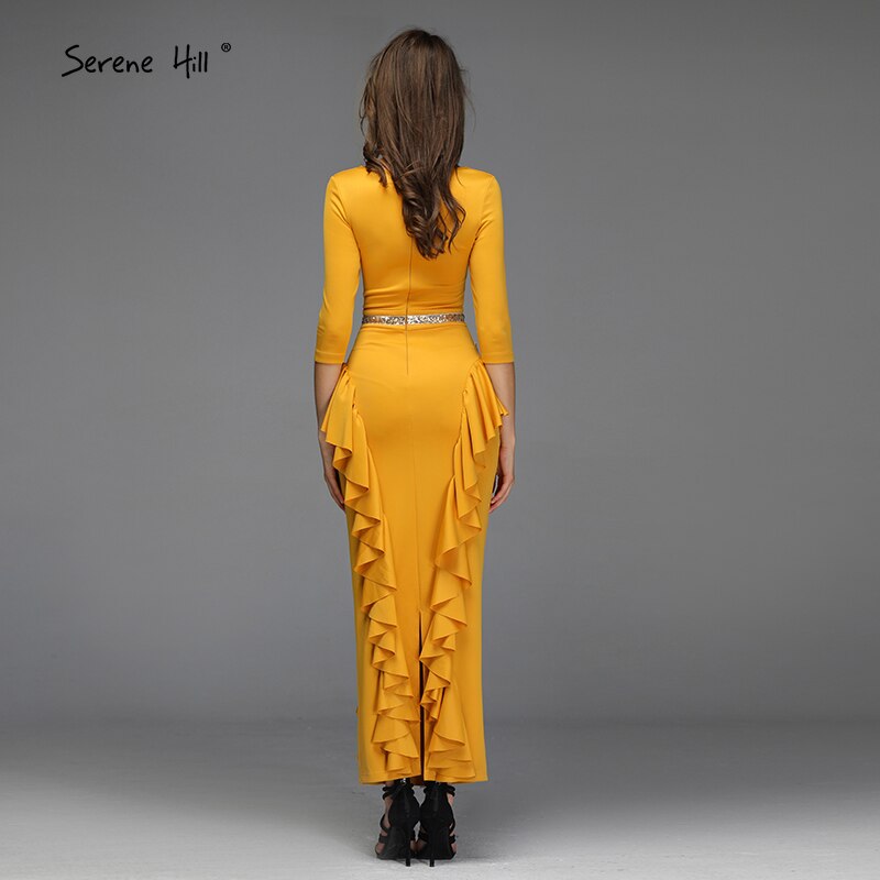 Vestidos de noche amarillos de corte sirena con escote en V, sexys, con volantes y lentejuelas, hasta los tobillos, diseño QA8037 