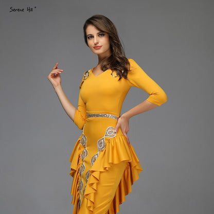 Yellow V-Neck Mermaid Sexy Evening Dresses 2025 Ruffles Sequined Ankle-Lenght Evening Gowns Design QA8037