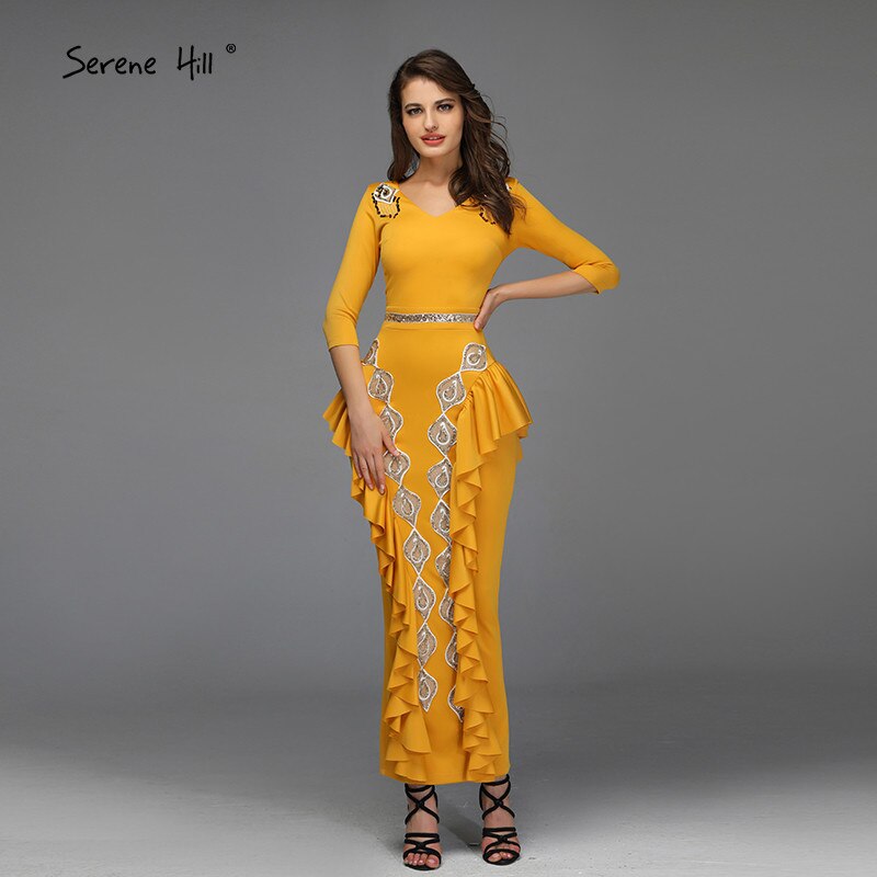 Yellow V-Neck Mermaid Sexy Evening Dresses 2025 Ruffles Sequined Ankle-Lenght Evening Gowns Design QA8037