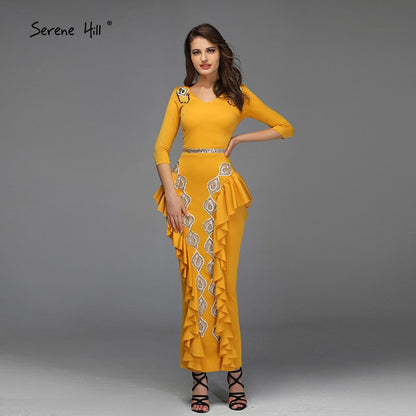 Yellow V-Neck Mermaid Sexy Evening Dresses 2025 Ruffles Sequined Ankle-Lenght Evening Gowns Design QA8037