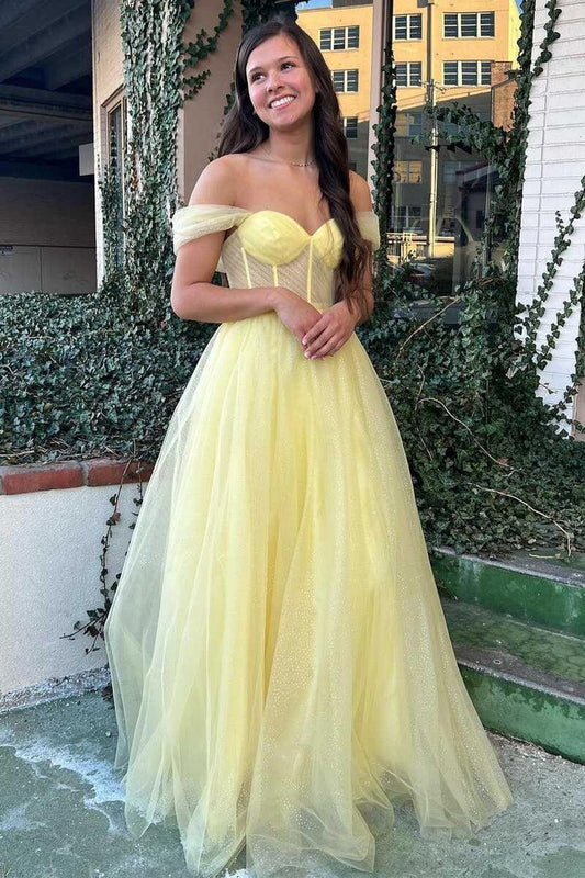 Gelbes schulterfreies Bustier-A-Linien-Tüll-Ballkleid, formelles Kleid PSK376