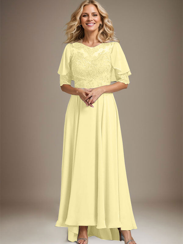 Vestido de madre de la novia de gasa asimétrica con encaje, ilusión, corte A y escote redondo con cuentas