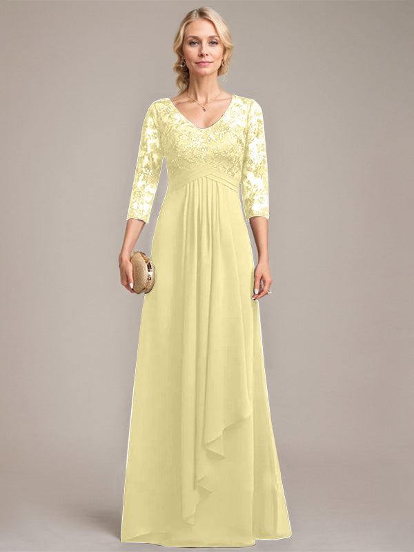 Vestido de madre de la novia de gasa con encaje, escote en V, largo hasta el suelo, con volantes en cascada y lentejuelas