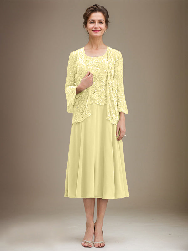 Vestido de gasa con encaje y lentejuelas para madre de la novia, corte A, escote redondo y largo hasta la rodilla