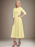 Vestido de gasa con encaje y lentejuelas para madre de la novia, corte A, escote redondo y largo hasta la rodilla