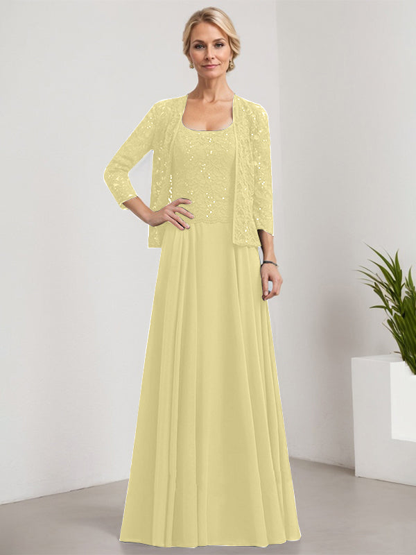 Vestido de madre de la novia de gasa con encaje, corte A, largo hasta el suelo, cuadrado y lentejuelas