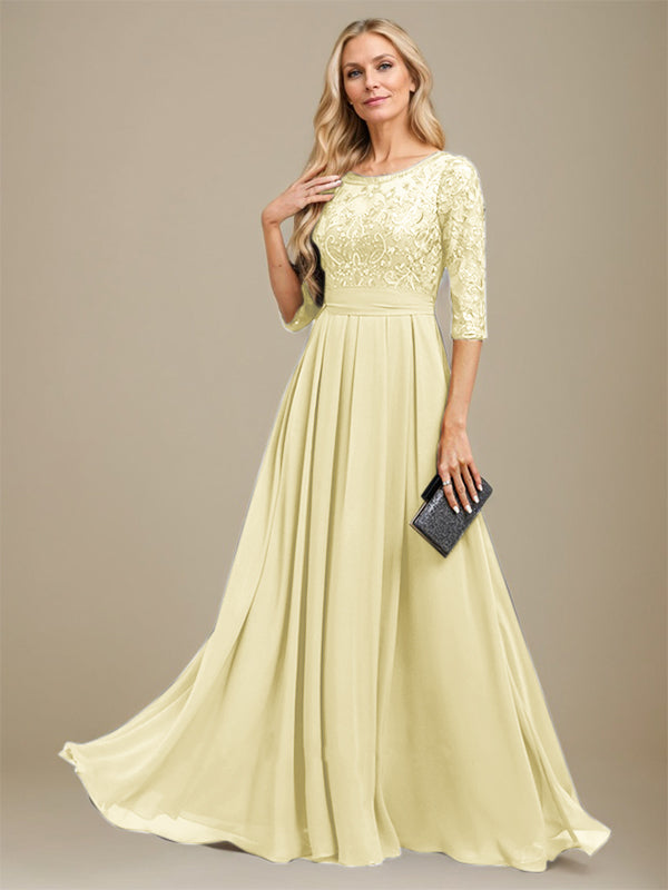 Vestido de madre de la novia de gasa con encaje, corte A, largo hasta el suelo y apliques de lentejuelas