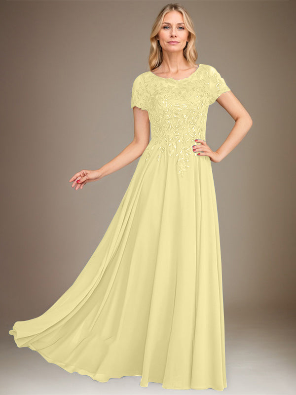 Vestido de gasa para madre de la novia, corte A, largo hasta el suelo, con apliques y lentejuelas