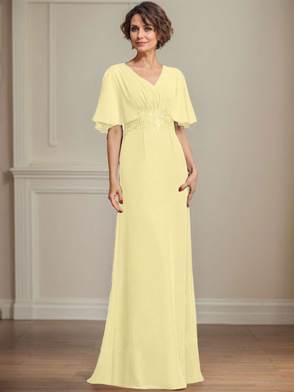 A-Linie V-Ausschnitt Bodenlanges Chiffonkleid für die Brautmutter mit plissierten Paillettenapplikationen Spitze