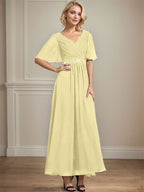Vestido de gasa para madre de la novia con escote en V, largo hasta los tobillos, corte A y lentejuelas plisadas con cuentas