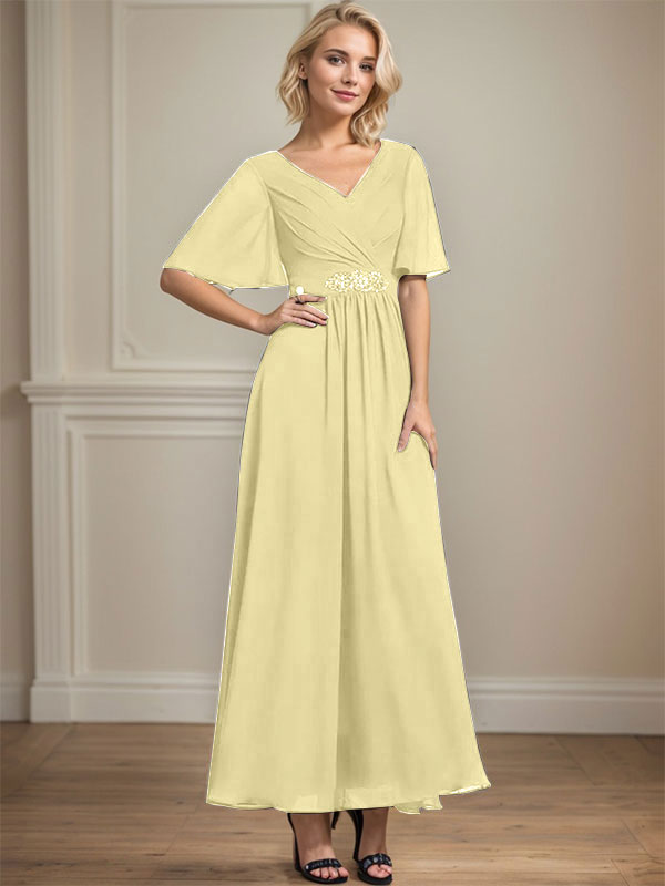Vestido de gasa para madre de la novia con escote en V, largo hasta los tobillos, corte A y lentejuelas plisadas con cuentas