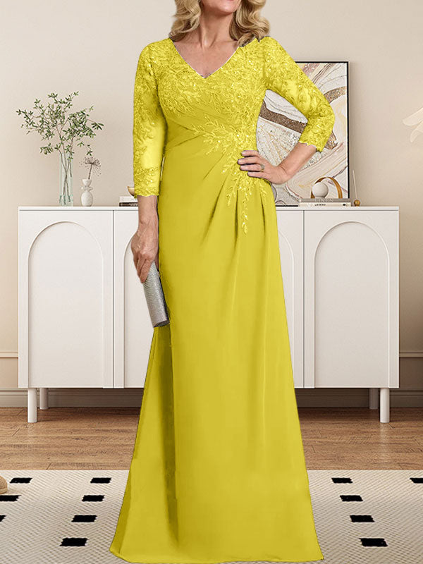 Vestido de madre de la novia de gasa con encaje, escote en V, ilusión, largo hasta el suelo, con lentejuelas plisadas