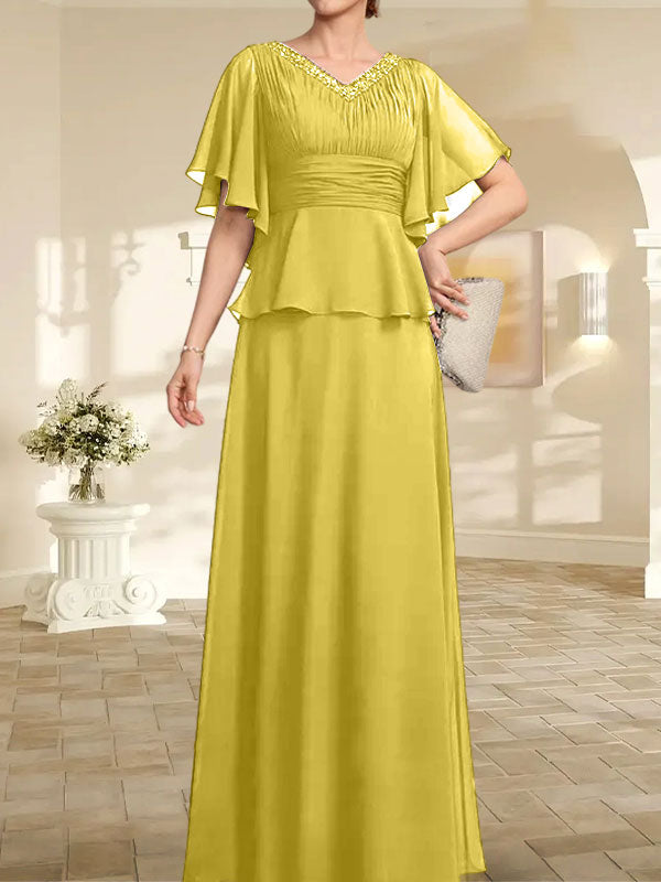 A-Linien-Kleid aus Chiffon mit V-Ausschnitt und bodenlangem Schnitt für die Brautmutter mit plissierten Perlen