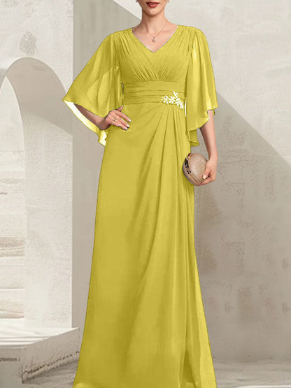Etui-Linie/Säule V-Ausschnitt Bodenlang Chiffon Kleid für die Brautmutter mit Plissee Pailletten Perlenbesatz