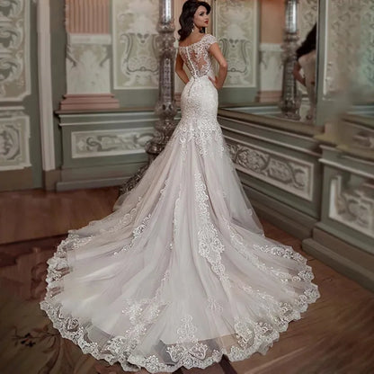 Luxury Mermaid Wedding Dress Short Sleeves Lace Appliques Elegant Boat Neck Bride Gown Illusion Backless Button Train-payinti
