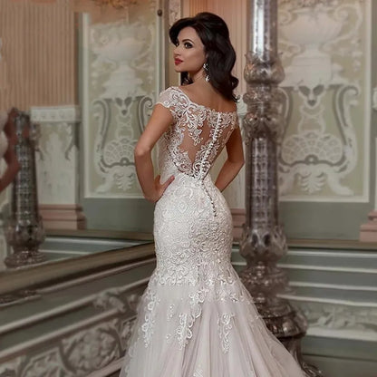 Luxury Mermaid Wedding Dress Short Sleeves Lace Appliques Elegant Boat Neck Bride Gown Illusion Backless Button Train-payinti
