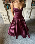 Vintage A-Linie Träger Burgund Satin Langes Ballkleid Abendkleid Y7994
