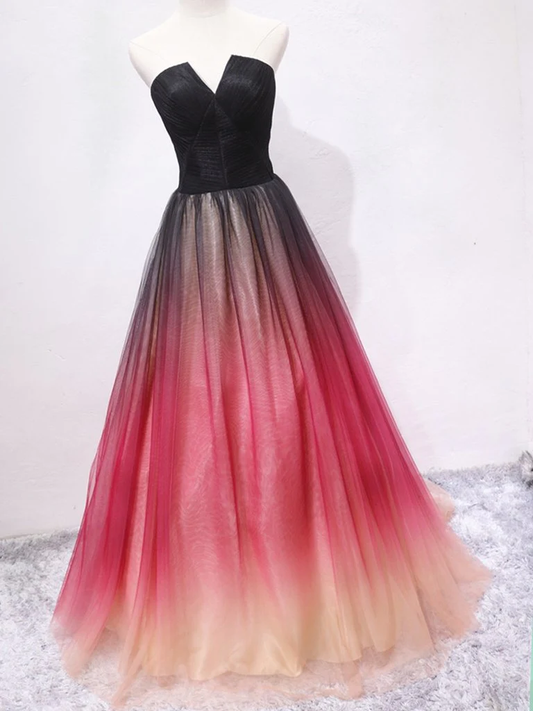 Trägerloses A-Linien-Abendkleid mit V-Ausschnitt und offenem Rücken in Ombre-Optik, langes formelles Abschluss-Abendkleid in Ombre-Optik, Y1826
