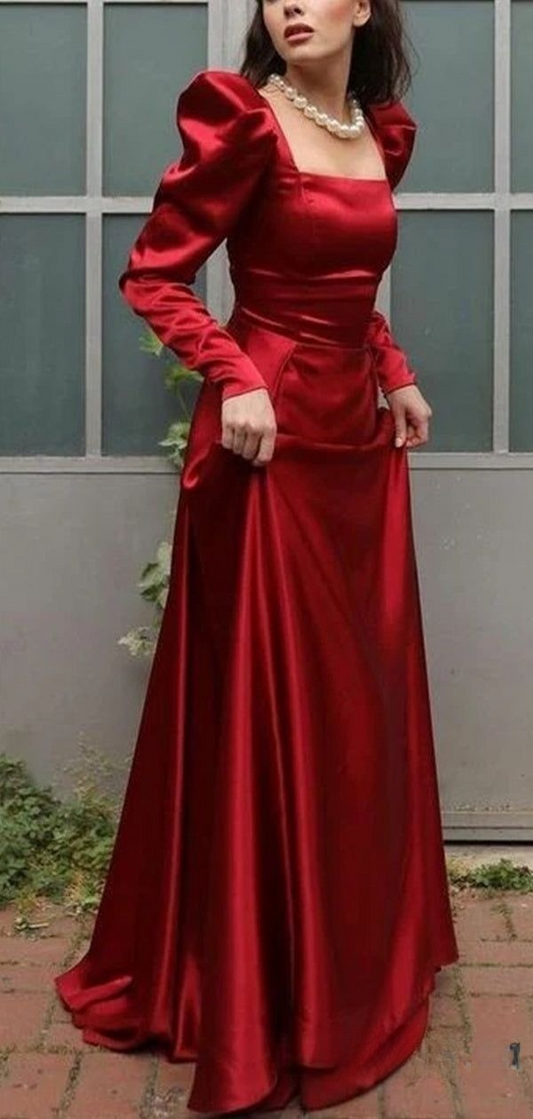 Elegantes A-Linien-Ballkleid aus rotem Satin mit quadratischem Ausschnitt Y7855