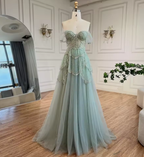 Salbeigrünes A-Linien-Abendkleid mit schulterfreiem Tüll und Perlen, formelles Ballkleid Y8157