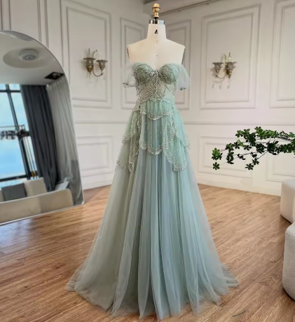 Sage Green A-Line Off The Shoulder Tulle Beaded Evening Dress Formal Prom Dress Y8157