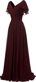 Brautjungfernkleid mit Blattärmeln und V-Ausschnitt, Chiffon, lang, formelles Hochzeitsabendkleid Y1206