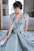 Hermoso vestido de fiesta largo de satén azul, corte A, vestido de noche azul Y4549
