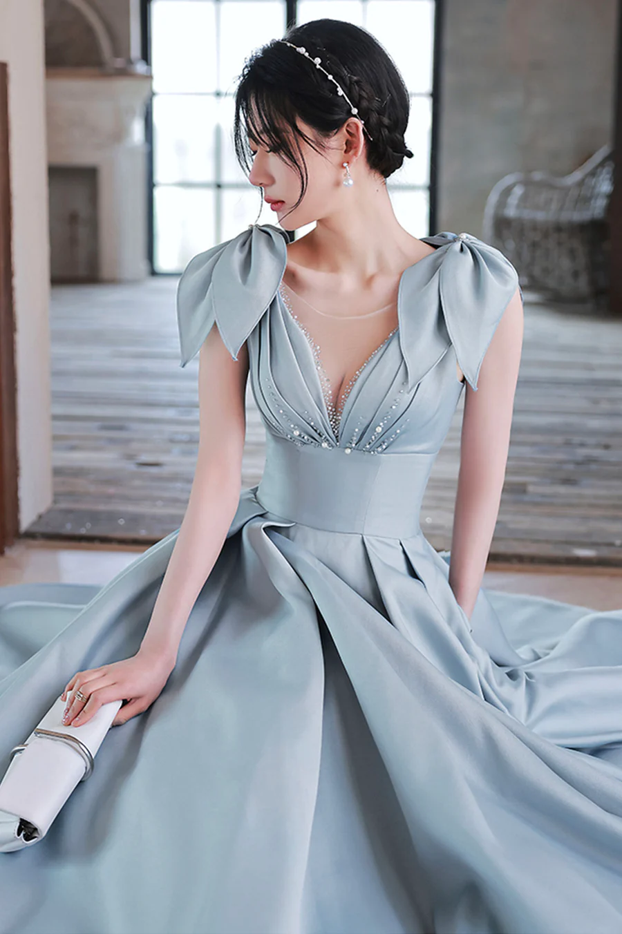 Hermoso vestido de fiesta largo de satén azul, corte A, vestido de noche azul Y4549