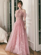 Vestido de fiesta rosa, vestido de fiesta con cuello halter, dulce vestido de noche de hada Y1918