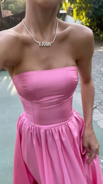 Trägerloses langes Abendkleid aus rosa Satin, edles rosa Ballkleid Y442