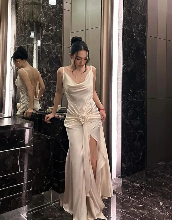 Vestido de noche elegante de sirena blanca con flores, vestido de novia formal Y8227