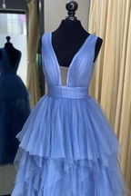 Blaues langes Ballkleid aus Tüll in A-Linie Y5340