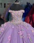 Vestido de princesa con apliques de lavanda, hombros descubiertos, brillante, elegante, de tul, con flores 3D, para fiesta de quince años, Y285