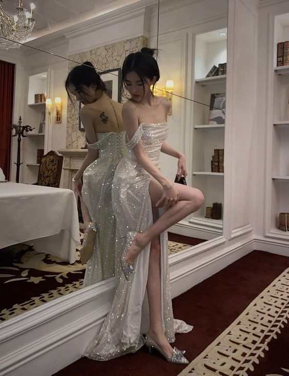 Vestido de noche formal para mujer con abertura alta y brillante, vestido de fiesta con hombros descubiertos Y1523
