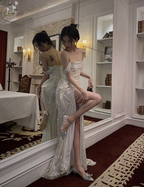 Vestido de noche formal para mujer con abertura alta y brillante, vestido de fiesta con hombros descubiertos Y1523