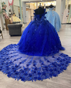 Vestido de quinceañera azul real con cola, estilo princesa, para fiesta de graduación y noche, largo, Y2479