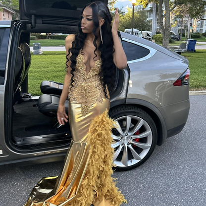 Luxuriöses Abendkleid aus Satin mit Perlen und Federn, langer Schlitz, Ballkleid Y7948