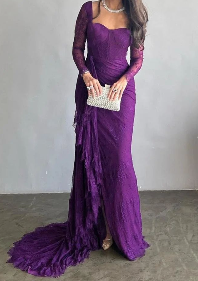 Hermoso vestido de noche morado largo de sirena con encaje plisado y abertura lateral Y7766