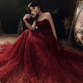 Weinrote Blumenspitze und Tüll Langes Abendkleid Partykleid Burgunderrot Abendkleider Y1661