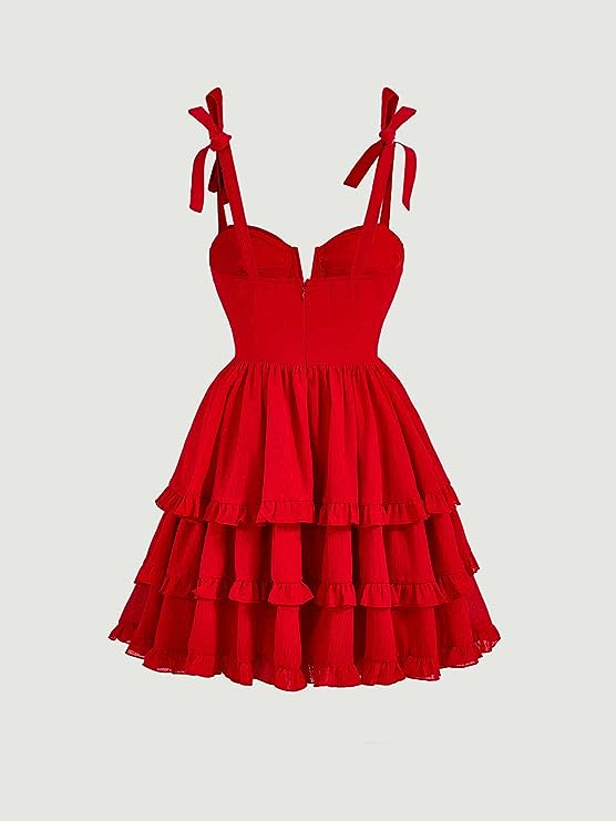 Vestido de fiesta rojo de corte A con lazo en los hombros y bajo con volantes Y2720