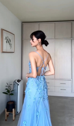 Vestido de noche largo estilo sirena con apliques de tul azul elegante Y8156