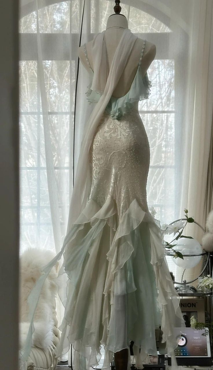 Vestido de noche elegante de gasa con cuentas y tirantes finos, estilo sirena, color verde menta, vestido formal de fiesta Y8546