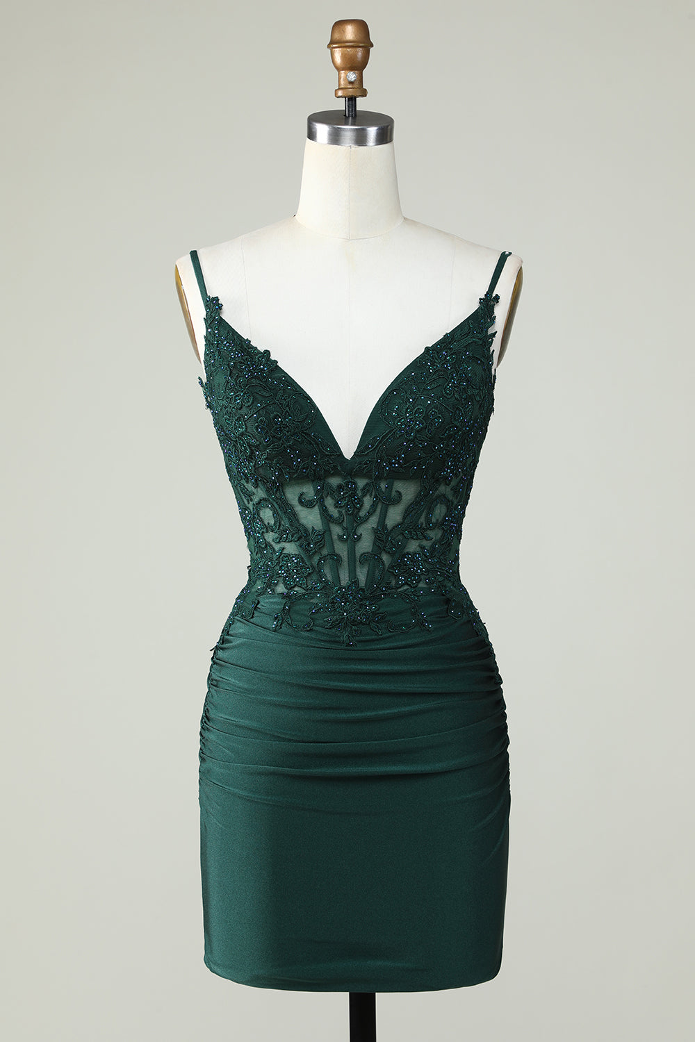 Figurbetontes dunkelgrünes Homecoming-Kleid mit Spaghettiträgern und Korsett und Perlen